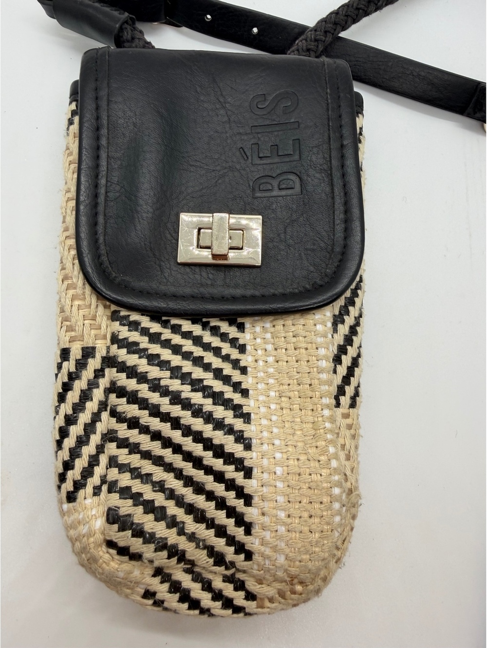 BÉIS Woven Straw Phone Crossbody Bag Black & Natural Mini Shoulder Bag